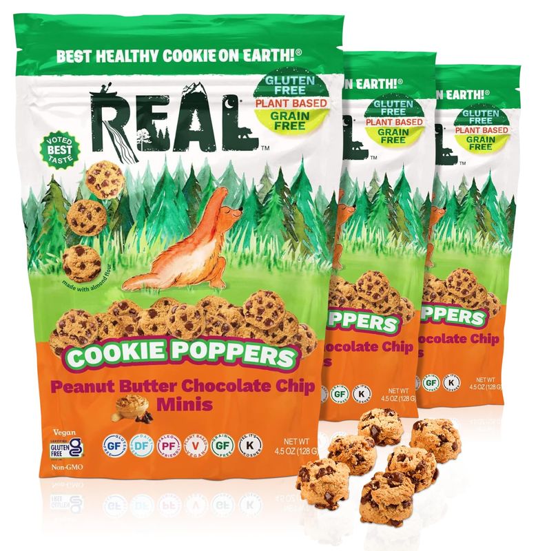 REAL Peanut Butter Chocolate Chip Mini Cookie Poppers - Bite-sized Gluten Free Baked Cookies - Dairy Free, Vegan, Kosher, Paleo - Delicious Mini Peanut Butter Chocolate Chip Cookies (4.5 oz, 3 Pack)