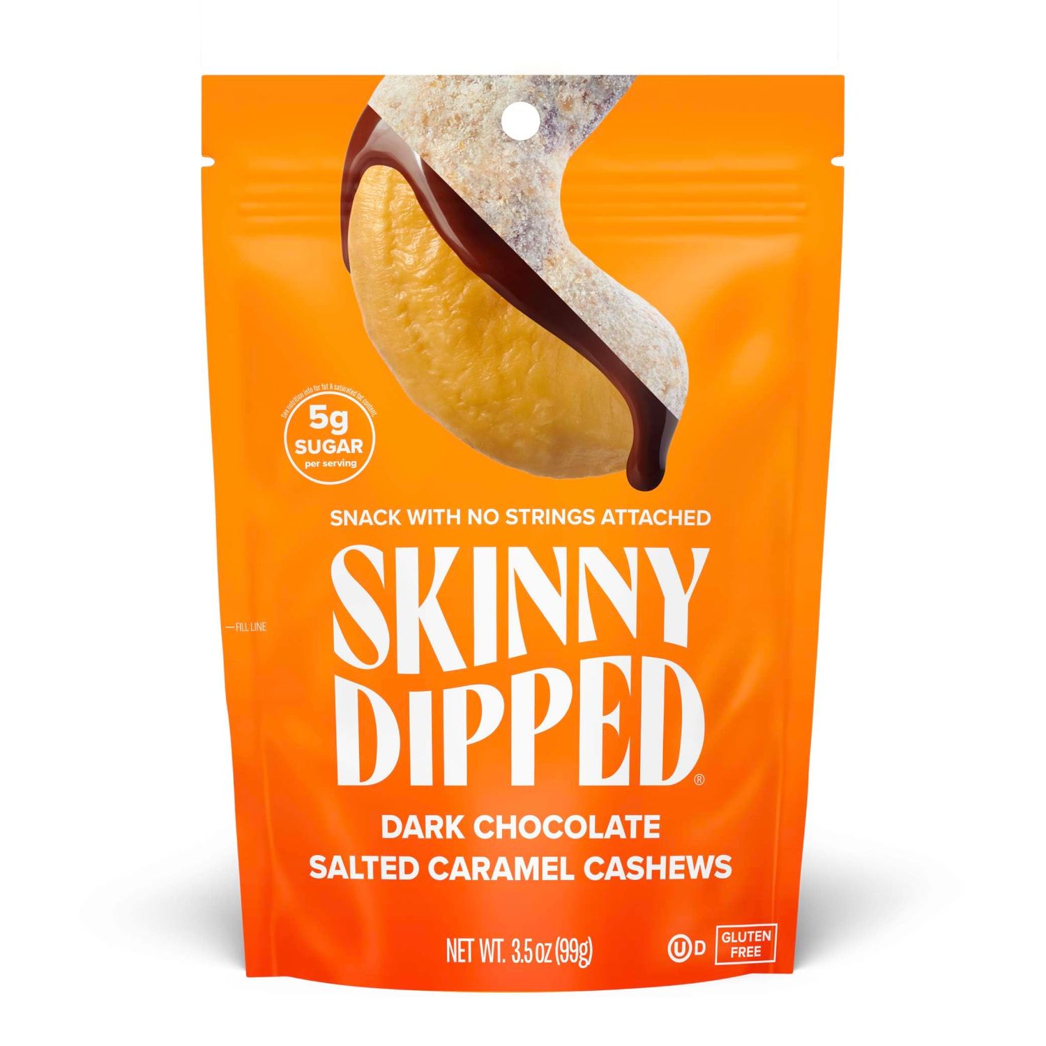 SkinnyDipped Salted Caramel Cashews, Healthy Snack, Plant Protien, Gluten Free, 3.5oz Resealable Bags, Pack of 5
