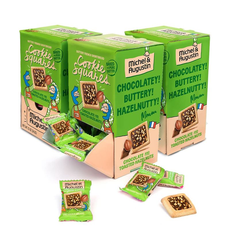 Michel et Augustin Changemaker Chocolate Cookie Squares, Milk Chocolate &amp; Hazelnut Christmas Cookies Gift Box, Coworker Christmas Gifts, Bulk Snacks, 3 Chocolate Gift Boxes, 40 Cookies per Box