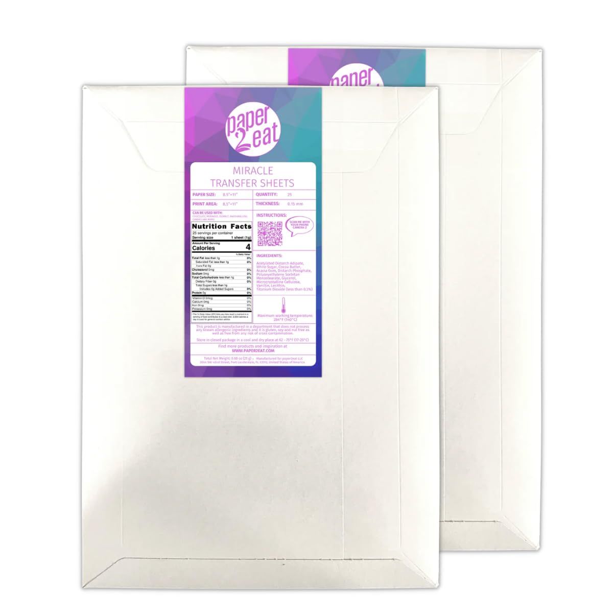 paper2eat edible Miracle Transfer Sheets (formerly Chocolate Transfer Sheets) 8.5 x 11 - 50 count - For Edible Paper Printers