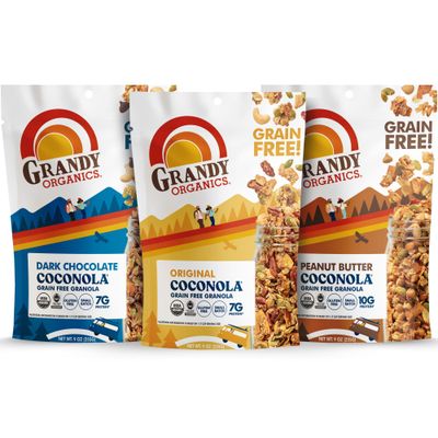 Grandy Organics Coconola Granola Variety Flavors, Original, Chocolate &amp; Peanut Butter, Certified Organic Granola, Gluten Free, Grain Free, 9oz Each, Pack of 3