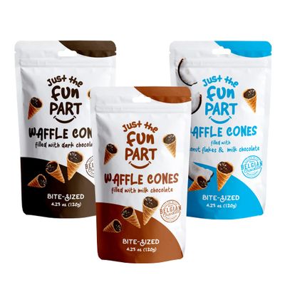 Just The Fun Part Belgian Crispy Mini Waffle Cones, Kosher, Variety 3 Pack Bundle, 4.23 Ounces (Milk Chocolate, Dark Chocolate, Coconut Flakes)