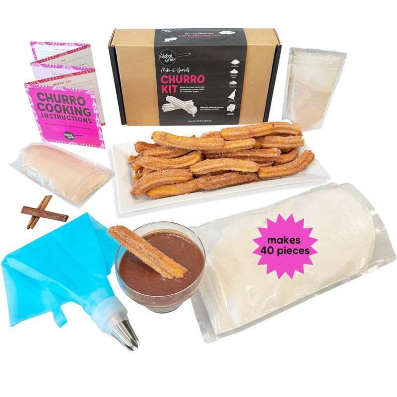 Global Grub DIY Churro Kit - Homemade Churro Kit Includes Churro Mix, Cinnamon Sugar, Chocolate Dipping Mix, Churro Piping Set, Cooking Instructions. Makes 40 Churros. Great Gift for Churro Lovers!