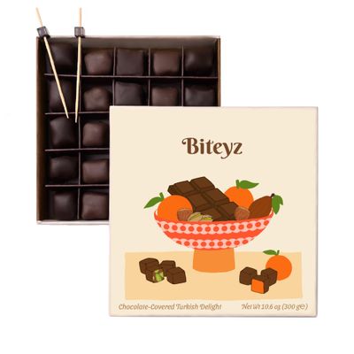 Biteyz Choco Turkish Delight, Vegan Candy Gift Box - Chocolate-Covered Assorted Treats with Orange, Pistachio, and Hazelnut, 25 Pieces of Gourmet Handmade Vegan Snacks