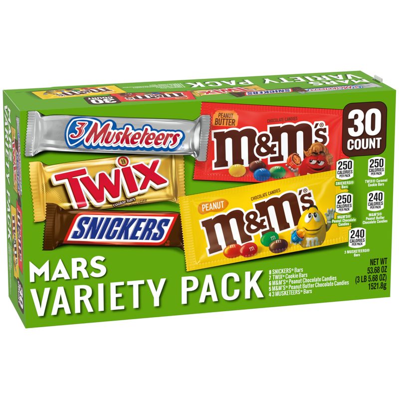 Mars SNICKERS, TWIX, MILKY WAY &amp; 3 MUSKETEERS Variety Pack Full Size Bulk Milk Chocolate Candy Bars Assortment, 53.68 oz, 30 Bars
