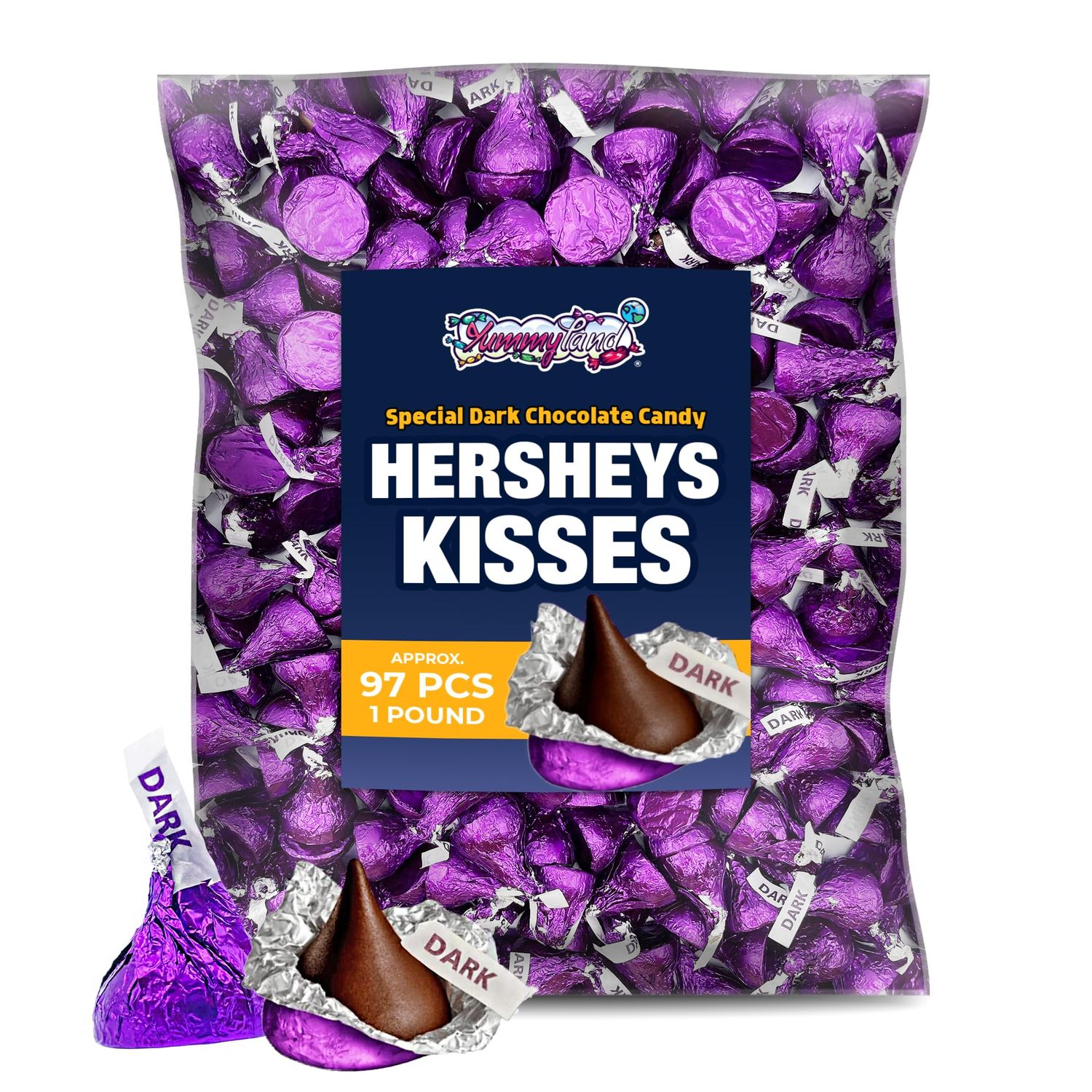 Hershey Kisses Special Dark Chocolate - 1 LB Bulk (Approx. 97 pcs) - Individually Purple Foil Wrapped Chocolate Kisses - Resealable Packaging By YummyLand, 16oz