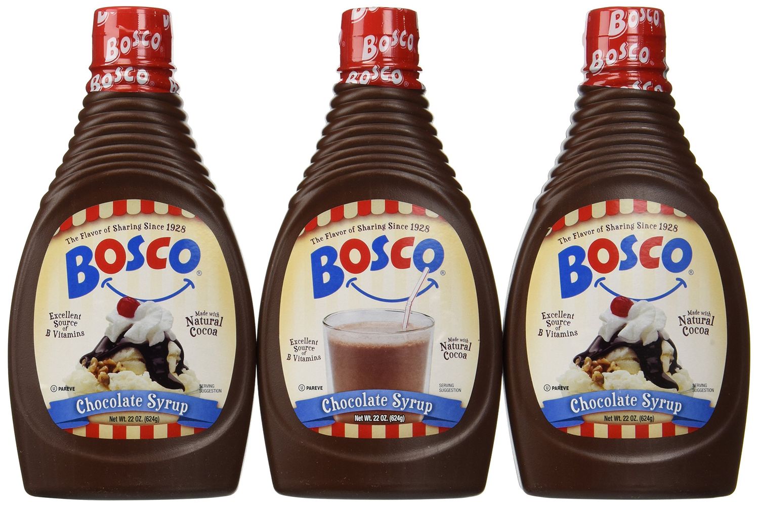 Bosco Original Chocolate Syrup, 22oz Squeeze Bottle (3 Pack) Natural Cocoa | Rich &amp; Thick | Gluten Free | Kosher
