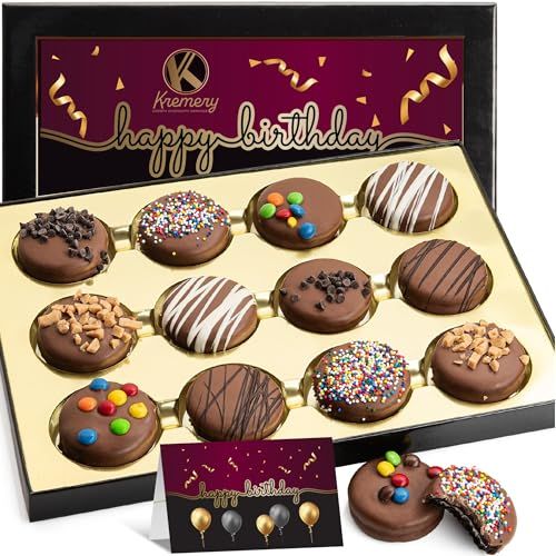 KREMERY Creamy Chocolate Cravings - Chocolate Covered Sandwich Cookies Birthday Gift Basket (12 Count) Birthday Sweet Treats - Assorted Candy Toppings - Kosher Dairy