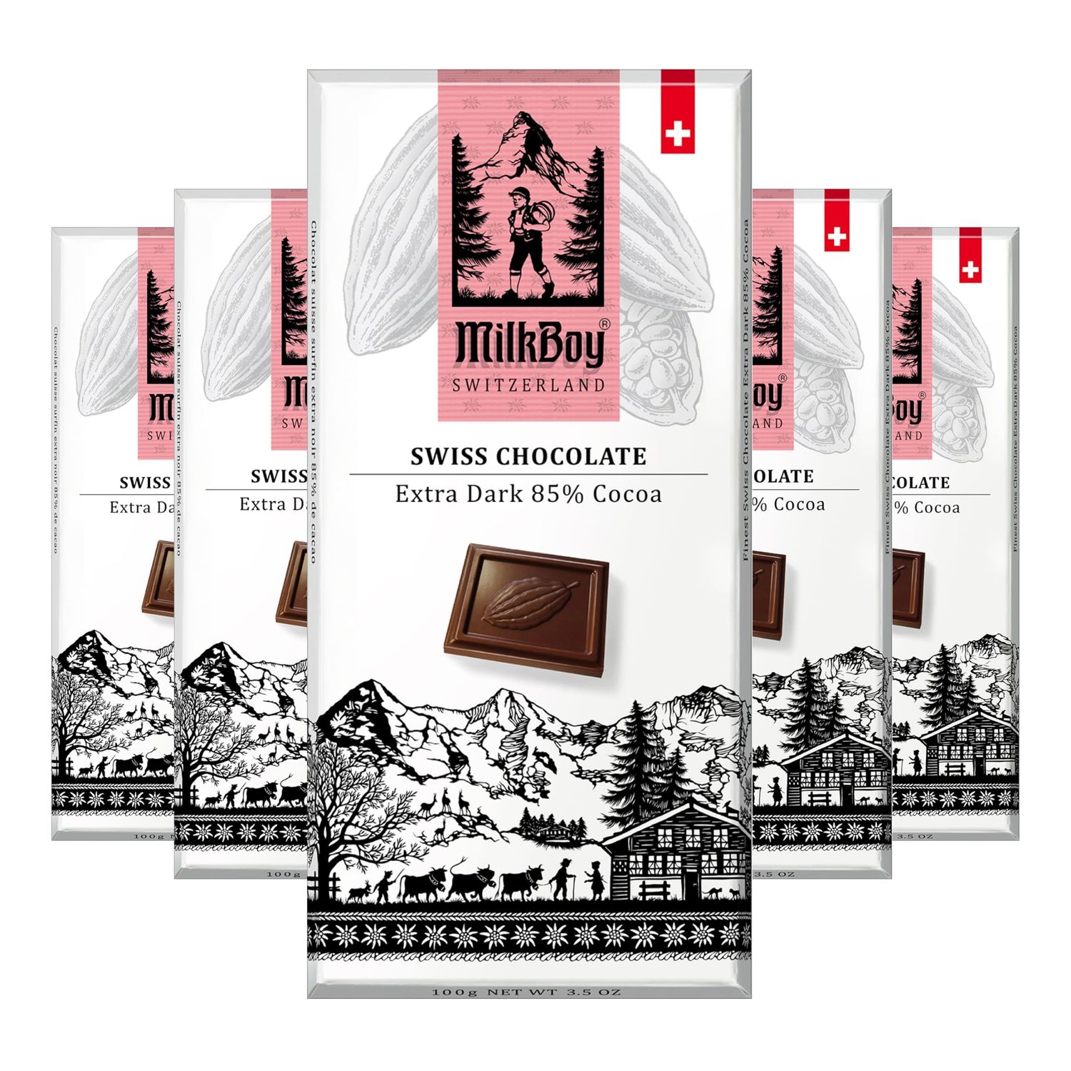 Milkboy Swiss Extra Dark Chocolates - 85% Cocoa, Made in Switzerland, Dairy Free, Vegan, Gluten-Free, Non-GMO, Kosher, Sustainably Farmed, European Chocolate - 3.5 oz (Pack of 5)