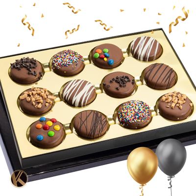 KREMERY Creamy Chocolate Cravings - Chocolate Covered Sandwich Cookies Birthday Gift Basket (12 Count) Birthday Sweet Treats - Assorted Candy Toppings - Kosher Dairy