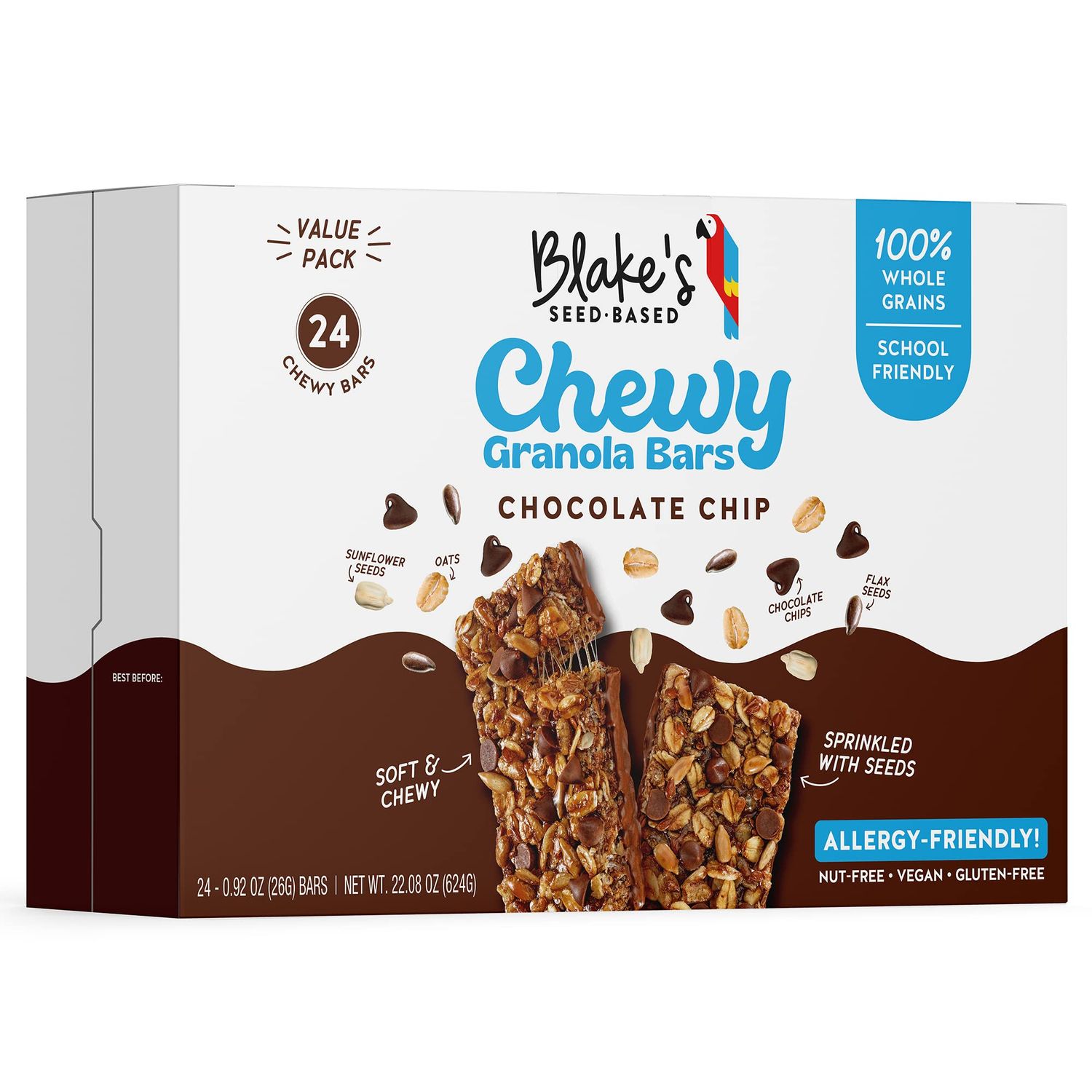Blakes Seed Based Chewy Granola Bars - Chocolate Chip (24 Count), Vegan, Gluten Free, Nut Free &amp; Dairy Free, Healthy Snacks for Kids or Adults, School Safe, Low Calorie Soy Free Snack