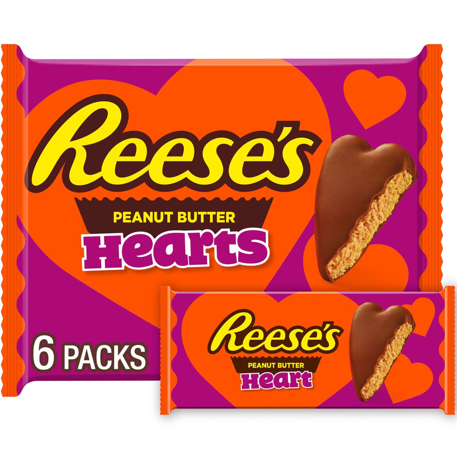 REESE&#39;S Milk Chocolate Peanut Butter Hearts, Valentine&#39;s Candy Packs, 1.2 oz (6 Count)