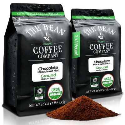 The Bean Organic Coffee Company Chocolate Macadamia Nut, Medium Roast, Ground Coffee, 16-Ounce Bags (Pack of 2), Caf molido tostado orgnico