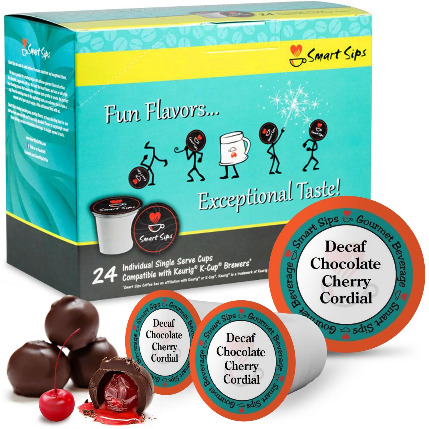 Smart Sips, Decaf Chocolate Cherry Cordial Coffee, Medium Roast, Decaffeinated Gourmet Flavored Coffee Single Serve Pods for Keurig K-Cup Brewers, 24 Count
