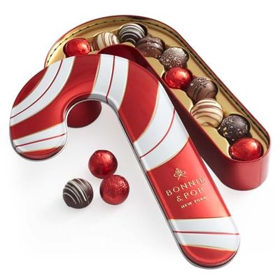 Christmas Gift Basket- Holiday Chocolate Candy- Gourmet Chocolate Truffle Snack Variety Stocking Stuffer Present in Candy Cane Tray- Bonnie and Pop