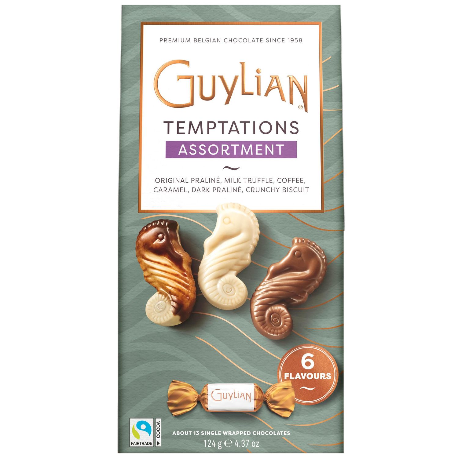 Belgian Chocolate Gift Box - 13 Assorted Temptations Seahorses by GuyLian, 6 Gourmet Flavors, Hazelnut Pralin &amp; Milk Truffle, Elegant Treat, 124g