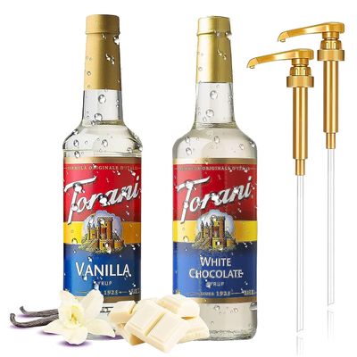 Coffee and Tea Syrup Variety Pack - Vanilla &amp; White Chocolate Syrup for Coffee with 2 Jimoco Syrup Pump Dispenser Compatible with 25.4 Ounces Syrup Bottle
