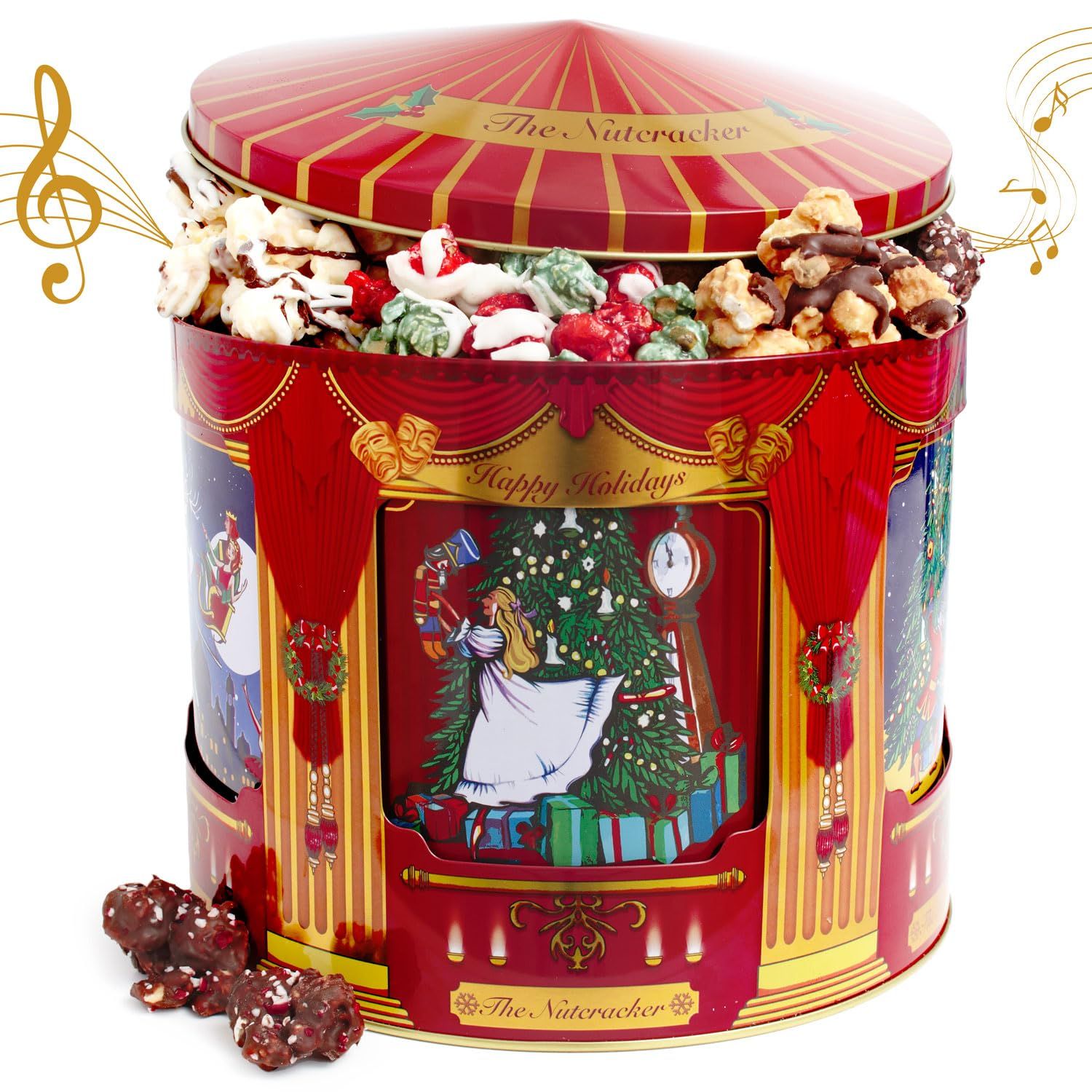 BONNIE AND POP - Christmas Popcorn Gift Tin - Gourmet Food Gifts - Plays Music - Chocolate &amp; Popcorn Gift Tin, Holiday Basket - Nutcracker Suite