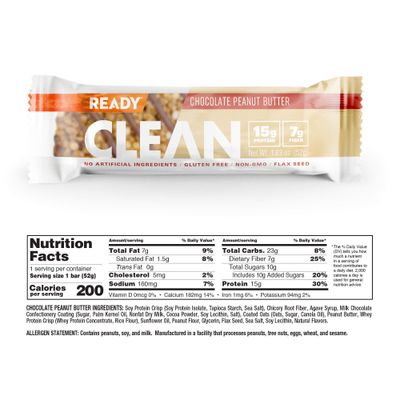 Ready CLEAN Bar, 15g of Protein, 7g Fiber, 6.5g of Whole Grains, NON-GMO, Chocolate Peanut Butter, 1.83 Ounces, 12-Pack