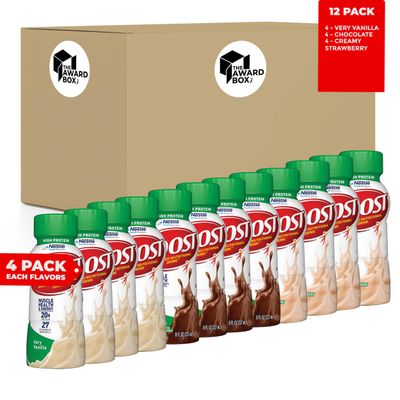 Booost High Protein Nutritional Drink Variety Pack Chocolate, Strawberry and Vanilla In The Award Box Packaging (Chocolate Strawberry Vanilla, 12 pack, 4 of Each)