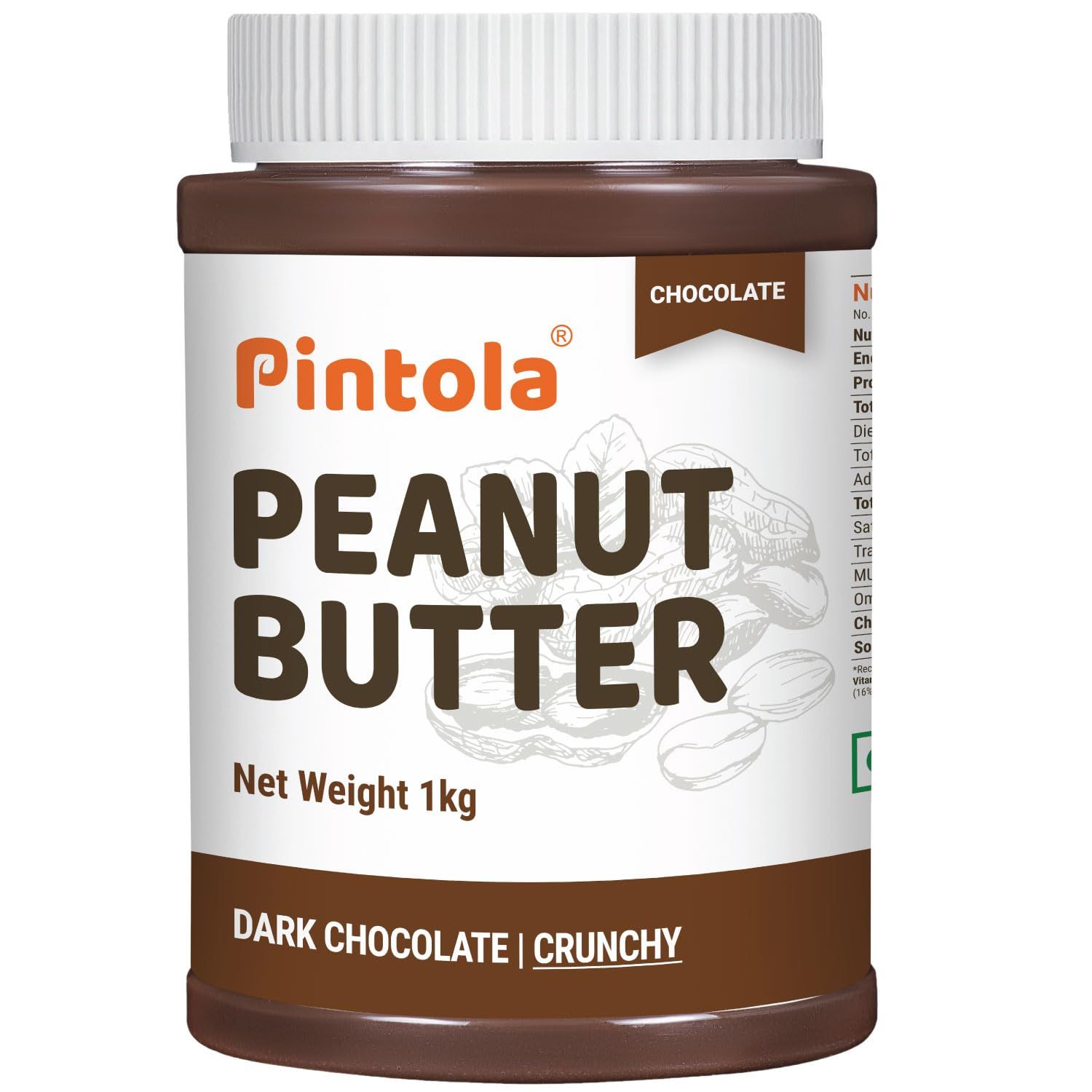 Pintola Peanut Butter Chocolate Flavour Crunchy 1kg - 18.6g Protein &amp; 5.2g Dietary Fiber, Made with Premium Roasted Nuts &amp; Cocoa, Gluten Free, Zero Cholesterol &amp; Trans Fat, Vit E &amp; B3, Dark Chocolate