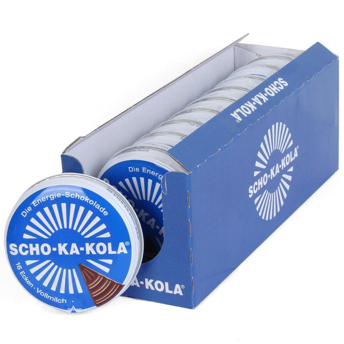 SCHO-KA-KOLA Milk Chocolate with natural Caffeine from Cocoa, Cola-Nut-Powder and Coffee 10 tins x 100 g/Germany Box