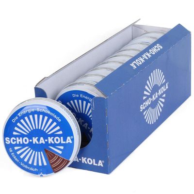 SCHO-KA-KOLA Milk Chocolate with natural Caffeine from Cocoa, Cola-Nut-Powder and Coffee 10 tins x 100 g/Germany Box