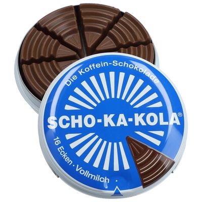 SCHO-KA-KOLA Milk Chocolate with natural Caffeine from Cocoa, Cola-Nut-Powder and Coffee 10 tins x 100 g/Germany Box