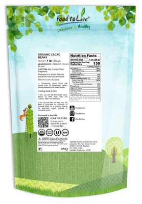 Food to Live Organic Cacao Beans, 1 Pound - Non-GMO, Keto, Vegan, Dry, Bulk, Rich in Dietary Fiber, Copper, Manganese, Magnesium, Zinc and polyphenols. Great Cocoa for Chocolate Making, Sirtfood