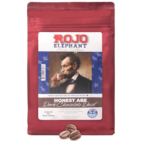 Rojo Elephant Honest Abe Dark Chocolate Flavored Handcrafted Decaf Ground Coffee, Single-Origin 100% Arabica Beans, Swiss Water, Mountain Water Process, Decaffeinated, 11 0z Pack