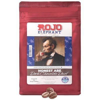 Rojo Elephant Honest Abe Dark Chocolate Flavored Handcrafted Decaf Ground Coffee, Single-Origin 100% Arabica Beans, Swiss Water, Mountain Water Process, Decaffeinated, 11 0z Pack