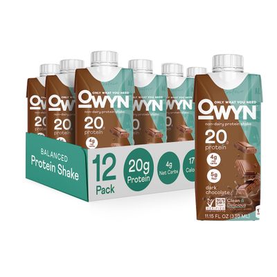OWYN 20g Protein Shake, Chia Flax and Pea vegan protein blend with Prebiotics, Superfood Greens, gluten free, soy free. (Dark Chocolate, 12 Pack)