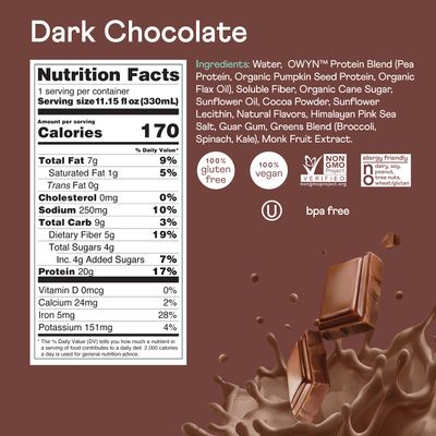 OWYN 20g Protein Shake, Chia Flax and Pea vegan protein blend with Prebiotics, Superfood Greens, gluten free, soy free. (Dark Chocolate, 12 Pack)