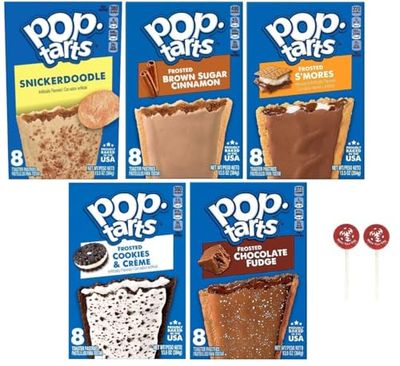 Pop Tarts Frosted Toaster Pastries, Snickerdoodle, Cookies &amp; Creme, Frosted Chocolate Fudge, Brown Cinnamon Sugar, and Smores, 13.5 Ounce (Pack of 5) - with Two Make Your Day Lollipops
