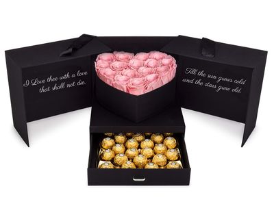 Pink Eternal Roses and Chocolates Gift Box | Romantic Gift Basket with Real Preserved Roses and Hazelnut Chocolates