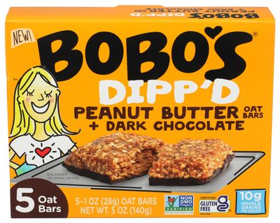 Bobo&#39;s Peanut Butter Oat Bar + Dark Chocolate Dipped, Non GMO, Gluten Free, 5 Ounces (Pack Of 6)