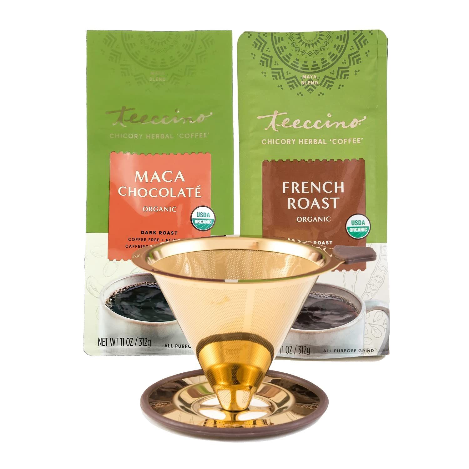Teeccino Pour Over Coffee Maker with 2 (Two) 11 Ounce Bags Chicory Coffee Alternative - Maca Chocolate and French Roast - Prebiotic, Caffeine Free, Acid Free, Stainless Steel Gold Coffee Dripper