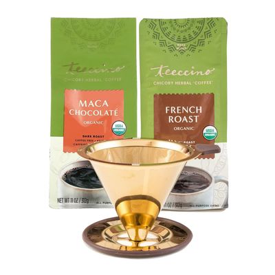 Teeccino Pour Over Coffee Maker with 2 (Two) 11 Ounce Bags Chicory Coffee Alternative - Maca Chocolate and French Roast - Prebiotic, Caffeine Free, Acid Free, Stainless Steel Gold Coffee Dripper