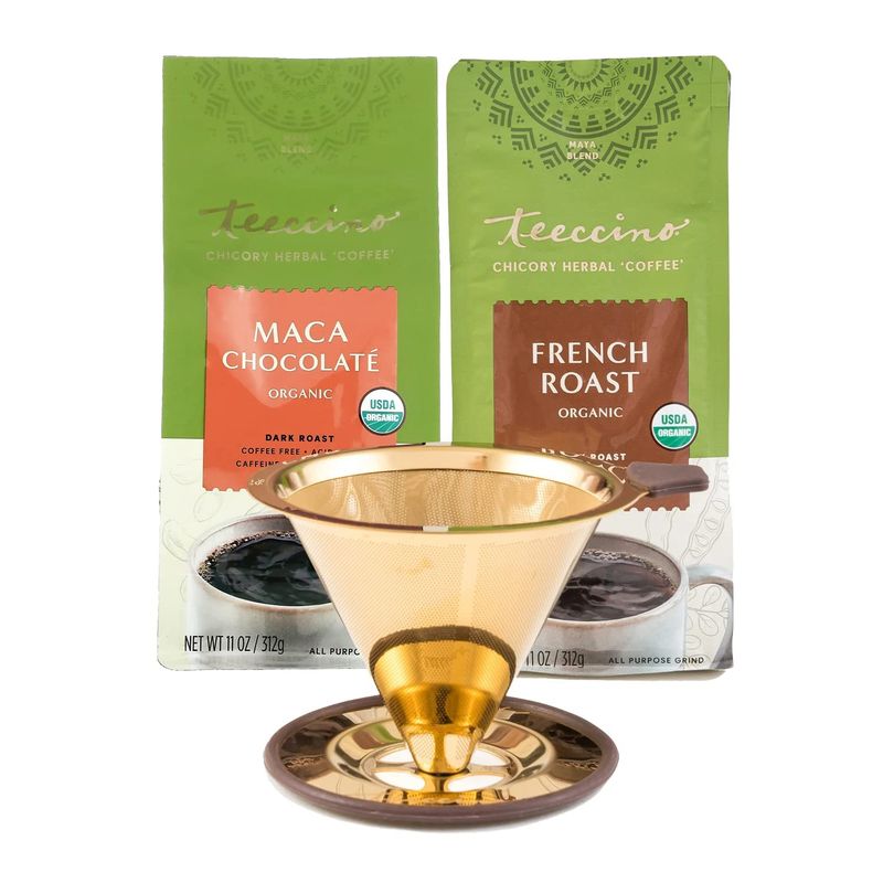 Teeccino Pour Over Coffee Maker with 2 (Two) 11 Ounce Bags Chicory Coffee Alternative - Maca Chocolate and French Roast - Prebiotic, Caffeine Free, Acid Free, Stainless Steel Gold Coffee Dripper