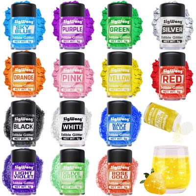 Edible Glitter Set - 15 Colors Food Grade Luster Dust, Edible Glitter Powder for Drinks, Cake Decorating, Chocolates, Fondant, Strawberries, Cupcakes, Candy, Cookie. Vegan - 5g/bottle