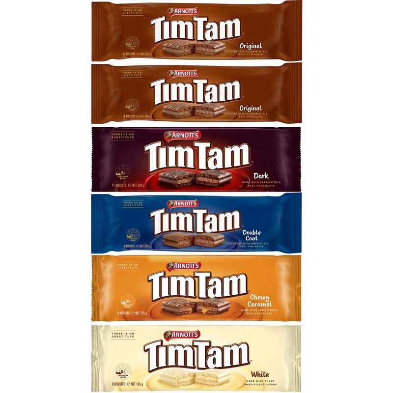 Tim Tam Chocolate Biscuits - 6 Pack - 2 x Original, 1 x Dark, 1 x Double Coat, 1 x Chewy Caramel, 1 x White - Made in Australia