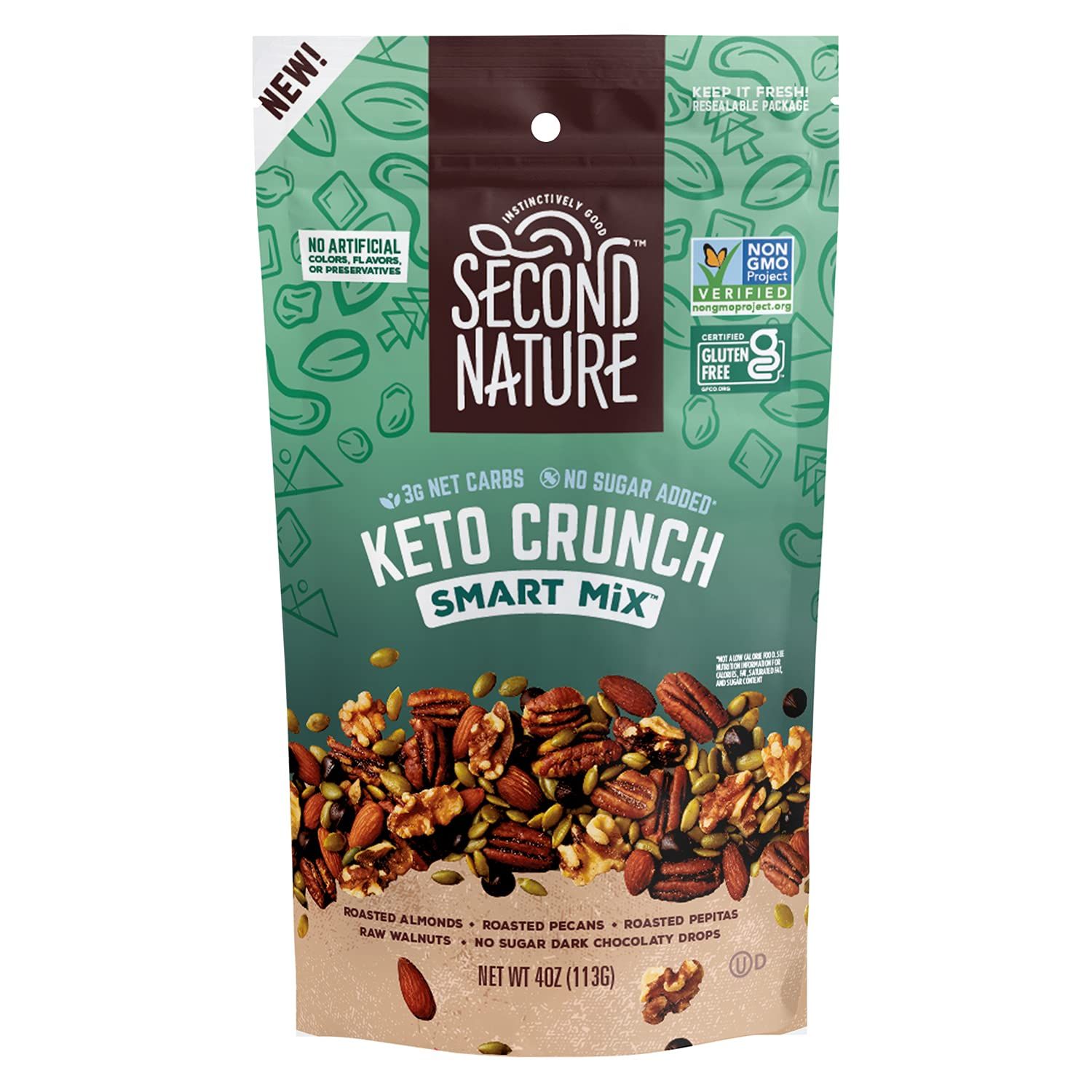 Second Nature Keto Crunch Smart Snack Mix, 4 oz Individual Snack Packs (Pack of 6) - Certified Keto Gluten Free Snack - No Sugar Added Dark Chocolate and Nut Trail Mix, Ideal for Travel Snacks