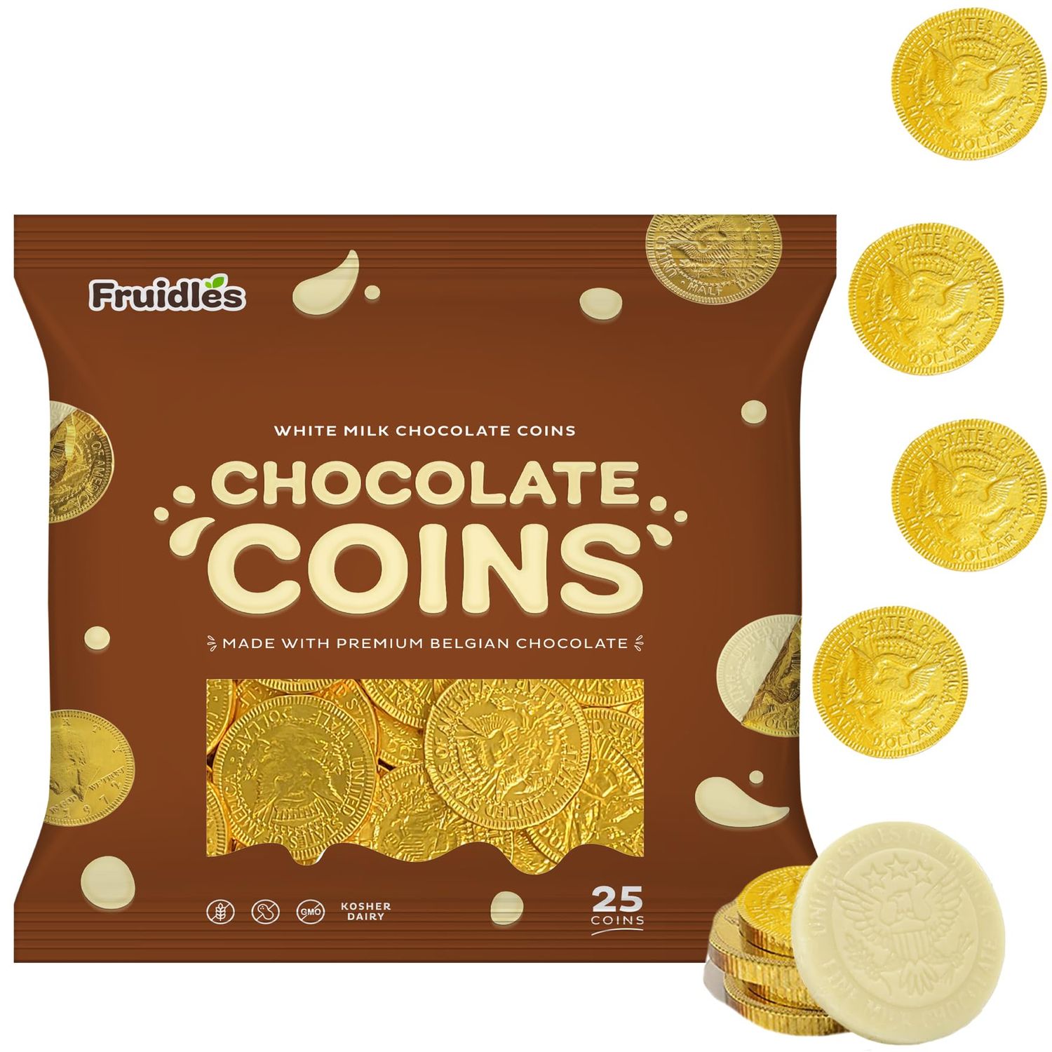 White Belgian Milk Chocolate Coins, Kosher Certified Dairy, Non GMO (25-Pack)