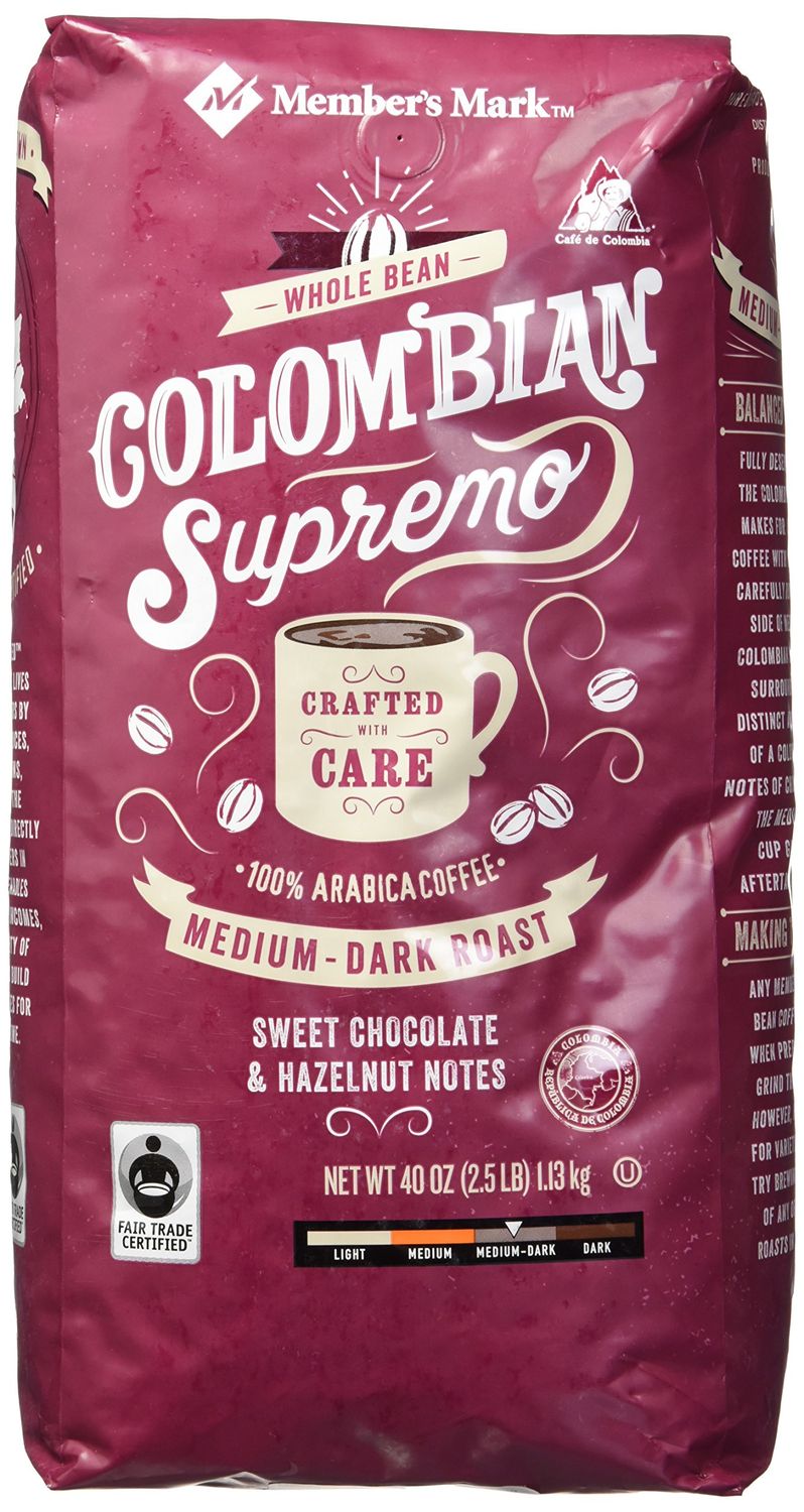 Member's Mark Colombian Supremo Whole Bean Coffee (40 OZ), Sweet Chocolate &amp; Hazelnut Notes, 40 oz, Medium Dark Roast