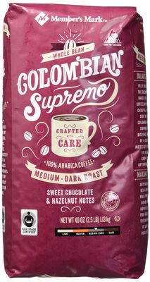 Member's Mark Colombian Supremo Whole Bean Coffee (40 OZ), Sweet Chocolate &amp; Hazelnut Notes, 40 oz, Medium Dark Roast