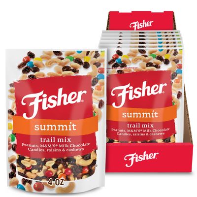 Fisher Snack Summit Trail Mix, 4 Ounces (Pack of 6), Peanuts, Milk Chocolate Candies, Raisins, Cashews, Resealable Pouches