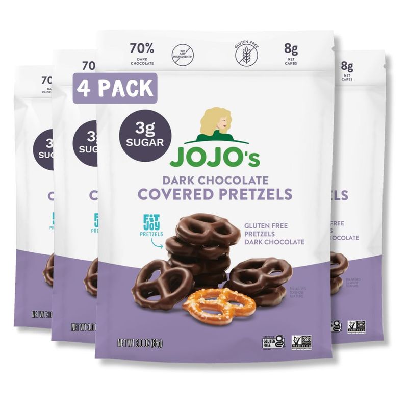 JOJO's Dark Chocolate Covered Pretzels, Gluten Free, Healthy Snack, Low Sugar, Low Carb, Non GMO, Paleo &amp; Keto Friendly, Made with Plant Based Hemp Protein, Vegan (4 Count)