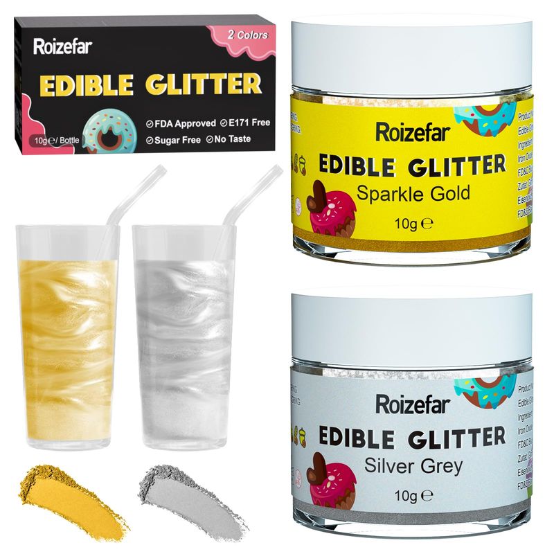 Roizefar Edible Glitter, 2 Colors x 10g Edible Glitter for Drinks, Food Grade Sprinkles Luster Dust Powder Set for Chocolate, Wine, Strawberries, Cake Decorating