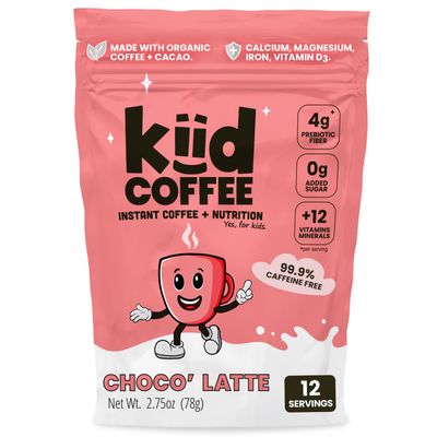 Kiid Coffee Chocolate Latte - 99.9% Caffeine Free - Organic Decaf Coffee, Cacao, 4g Fiber, 0g Sugar, 12 Vitamins &amp; Minerals For Kids - Allergen Free &amp; Vegan - Just Add Milk (12 Servings)