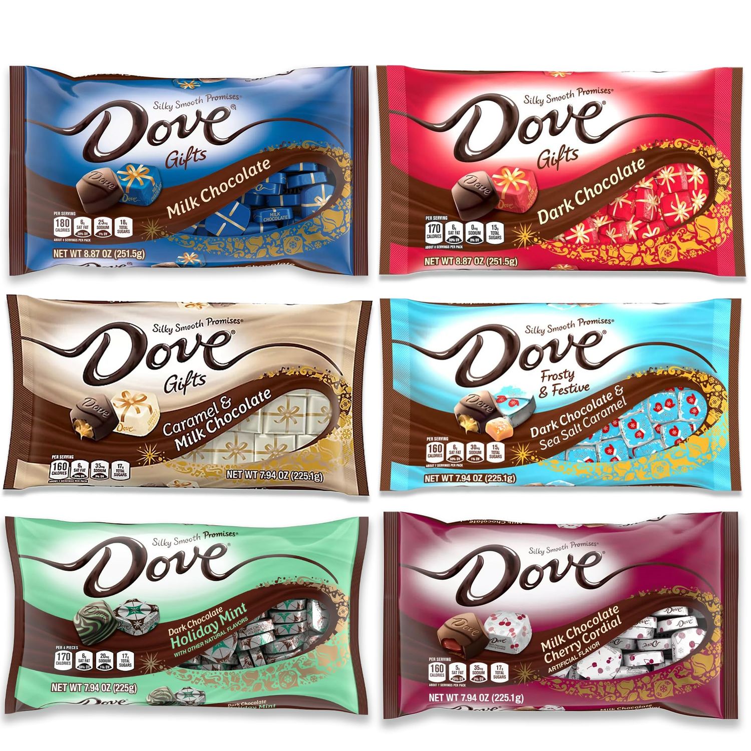 Dove Promises Silky Smooth Holiday Variety Pack of 6. Dove Promises Christmas Chocolate Candy Milk Chocolate and Dark Chocolate. Dove Chocolate, Dove Dark Chocolate Candy, Candy Chocolate